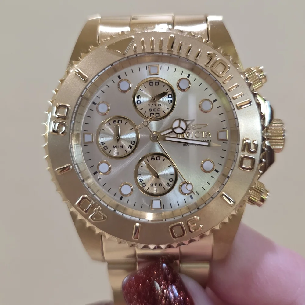 Invicta Pro Diver Chronograph Gold Men's Watch #1774 Large MSRP $695 Running